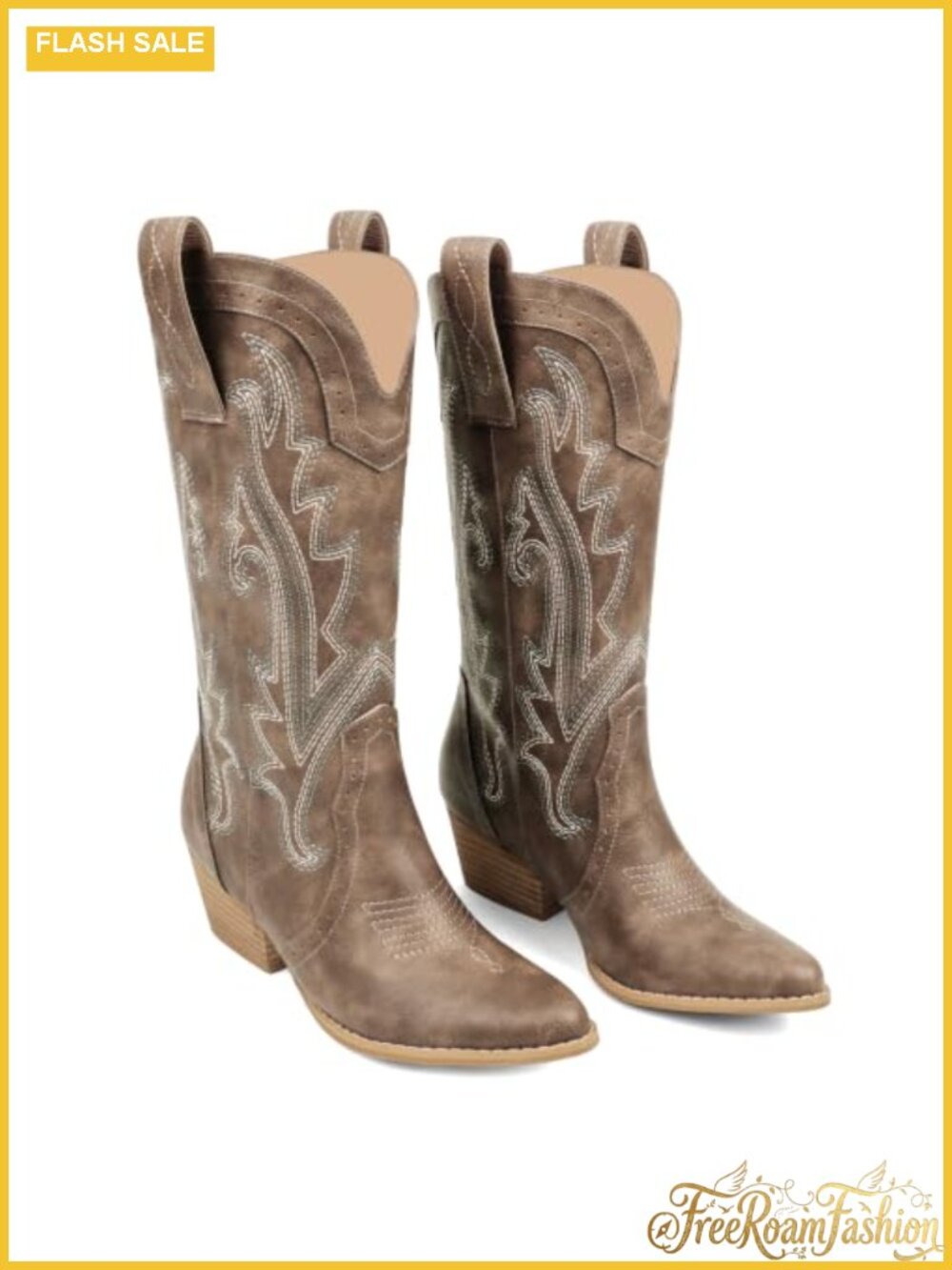 Mid Calf Western Cowgirl Boots Pointed Toe Faux Leather Pull On Women